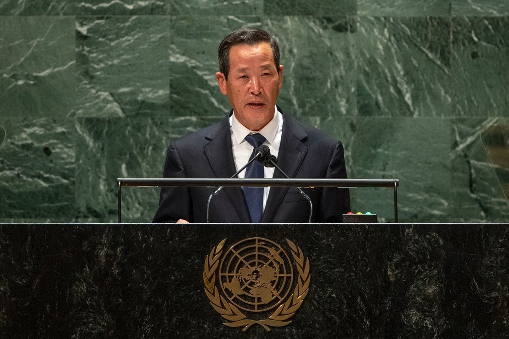 朝鲜常驻联合国代表金星在联合国大会第76届会议上发表讲话.